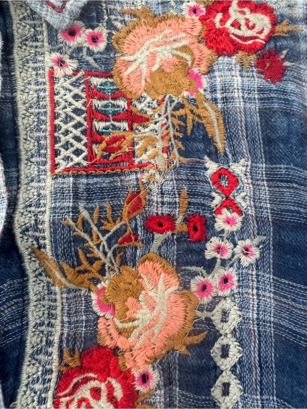 Sundance Embroidered Floral Plaid Button Down Tunic Top Blue Small Gauze Lagen - Picture 6 of 15